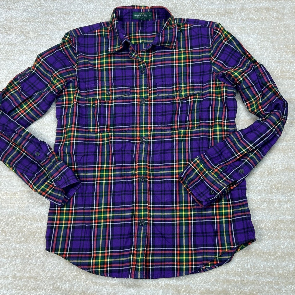 Lauren Jeans Co Shirt Womens PXS Purple Plaid Long Sleeve Button Up Cotton